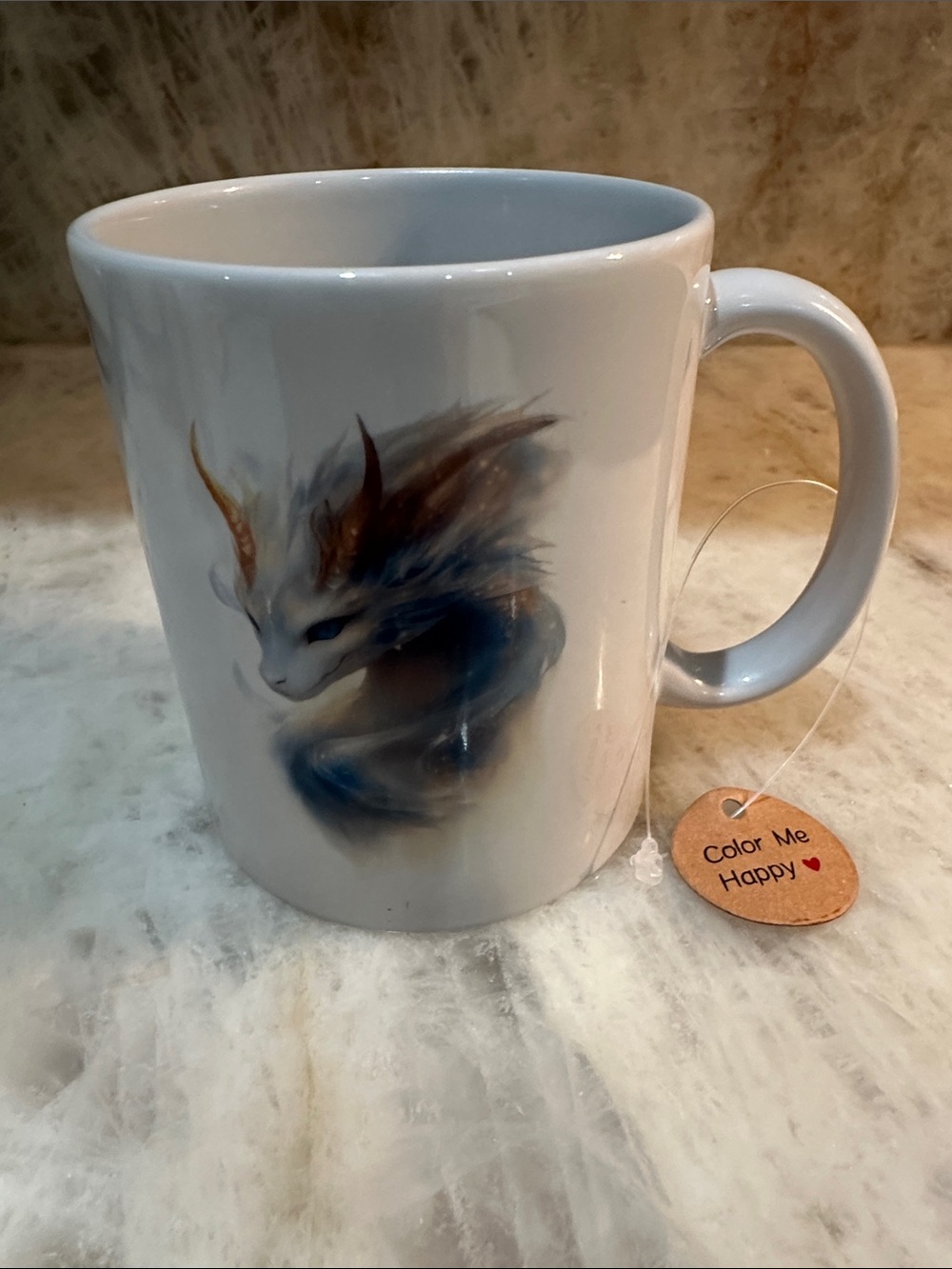 White Ceramic Mug with Blue and Brown Fantasy Dragon